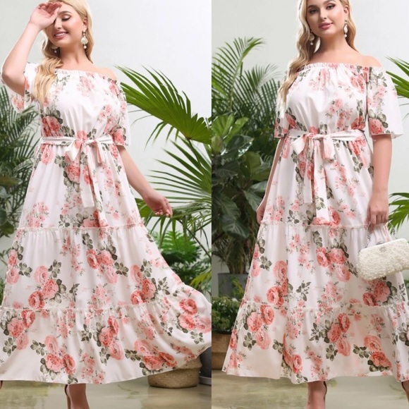 Boho plus floral print belted off shoulder dress - Picture 2 of 7